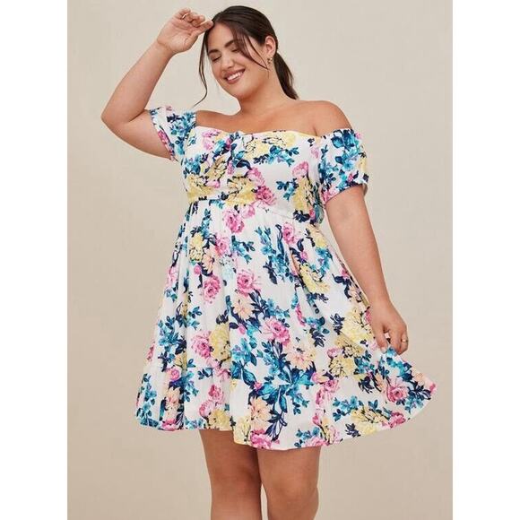 Torrid Colorful Floral Mini Gauze Puff Sleeve Skater Dress Plus Size 2X Boho - Picture 2 of 11
